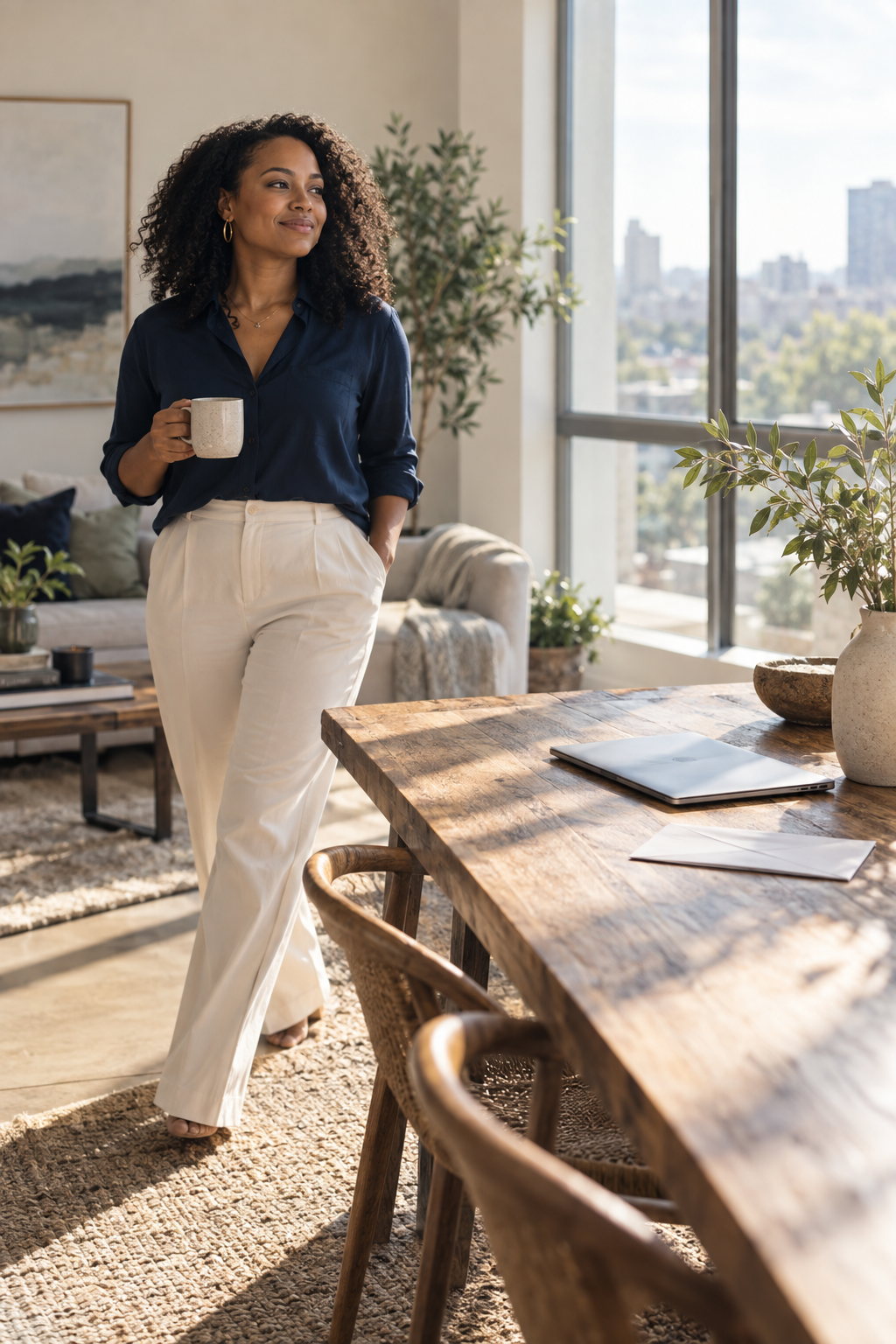 Woman stepping into a bright, calm home